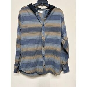 Departwest Men's Hooded Button Up Shirt Large Striped Casual Cotton Blend Street